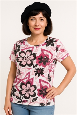 Mudflower T-shirt med pink blomster og små sten